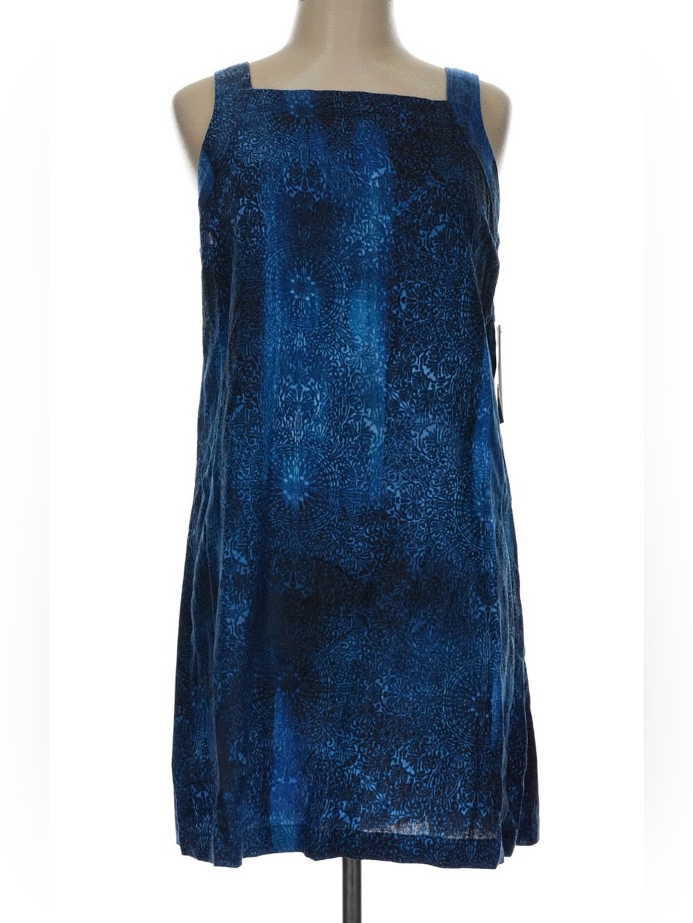 NWT New DKNY Blue Patterned Sleeveless Shift Mini Dress 10P Petite Linen